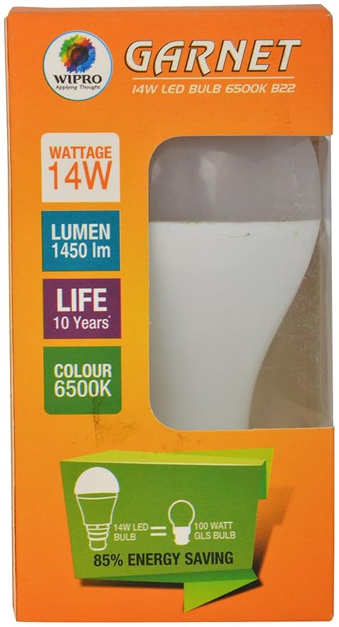 wipro Garnet 14W LED Bulb for Home & Office |Cool Day White (6500K) | B22 Base|220 degree Light coverage |4Kv Surge Protection |400V High Voltage Protection |Energy Efficient | Pack of 1