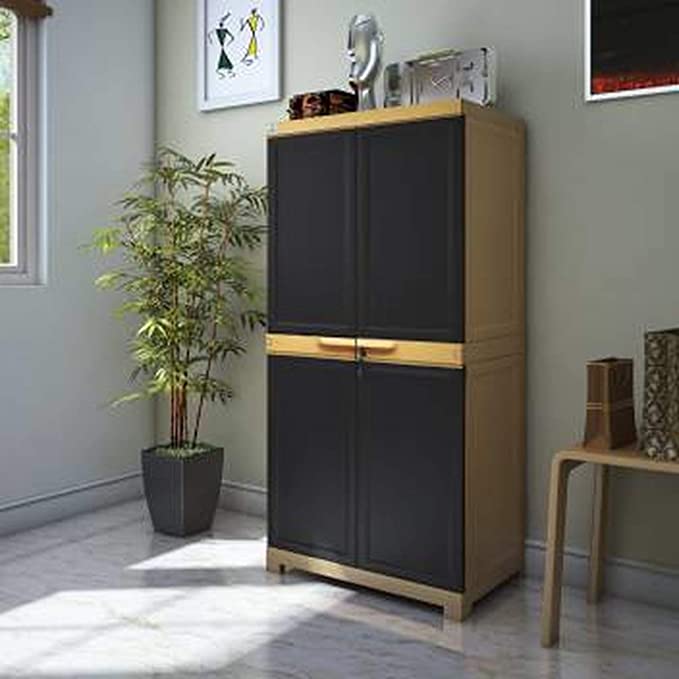Nilkamal Freedom Big FMM Plastic Cabinet | 3-Year Warranty | 4-Shelf Storage Cupboard with Doors | Multi Organiser for Home, Wardrobe, and Kitchen | Clothes Rack, Shelves, Brown & Biscuit Colour