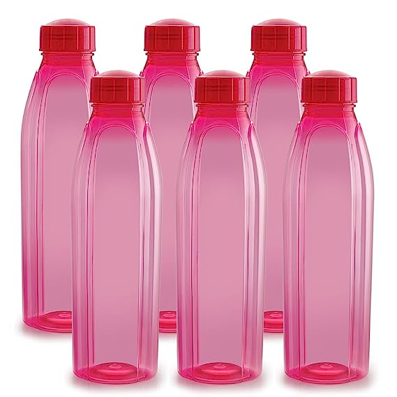 CELLO Crystal Water Bottles Set of 6, 1000 ml Each, Pink | Food Grade, Unbreakable & Reusable Set of Bottles | Air Tight Leakproof Easy to Carry Set of Fridge PET Bottles For Kitchen, Office, Travel