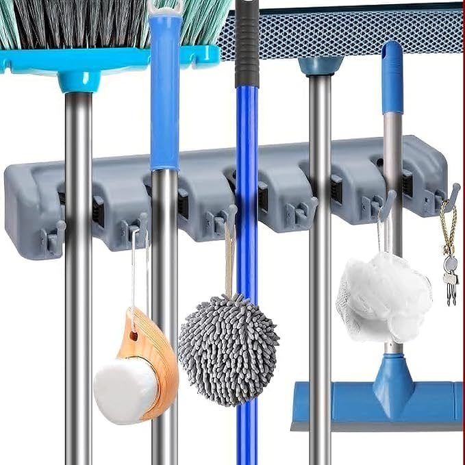 Berry Ave Broom Holder & Wall Mount Garden Tool Organizer - Home Laundry Room, Kitchen, Closet, Shed, Garage Organization & Storage Utility Rack - 5 Slots & 6 Hooks -Rake, Shovel, Mop Hanger, Plastic