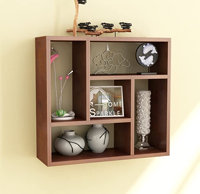 Home Sparkle Square Wall Shelf | Five Section Wooden Wall Shelve Display Rack for Home Kitchen Bedroom and Living Room (Brown)