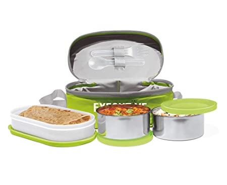 MILTON Executive Lunch Box, 2 Round Inner Steel Round Containers 280ml Each and 1 Microwave Safe Oval Plastic Container 450ml with Insulated Bag, Office Tiffin for Leak-Proof, Easy to Carry, Green