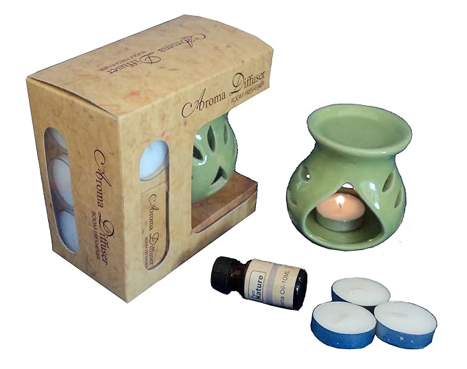Pure Source India Ceramic Aroma Gift Set with 10 Ml Lemon Grass Aroma Oil and 4 Tea Candles (Green)