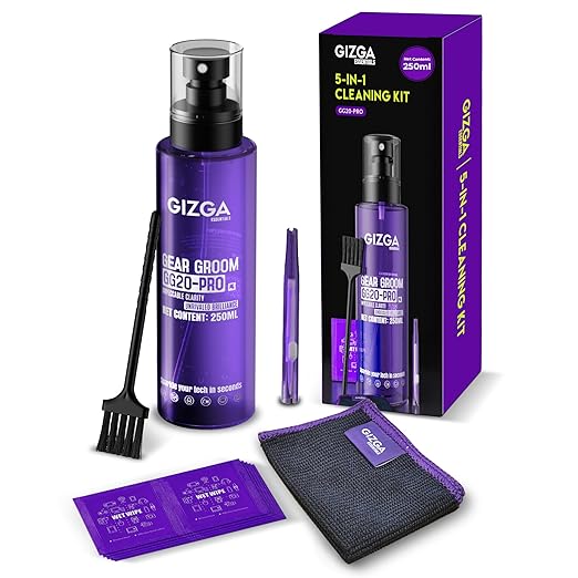 Gizga Pro Series 5-in-1 Cleaning KIT - 250ml Cleaning Spray, 10 Wet Wipes, 2 Brushes, Microfiber Cloth | Screen Cleaner for Laptop, PC, Binocular, TV, Camera Lens, Smartphone, Tablet, Keyboard