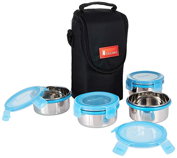 Amazon Brand - Solimo Stainless Steel Lunch Box Set with Bag, 300ml,  4-Pieces, Blue