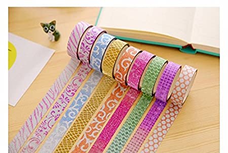 CraftDev Colourful Decorative Adhesive Glitter Tape Rolls, Length 3m Each, Set of 10 (Designs As Per Availability)