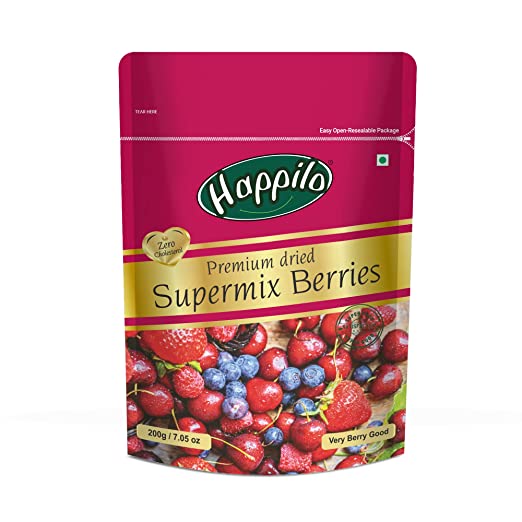 Happilo Premium Dried Super Mix Berries 200gm | Tasty & Healthy Berries | Rich in Antioxidant | Contains Dried Strawberries, Cranberries, Cherry & Raisins Mix | Real Dried Berries