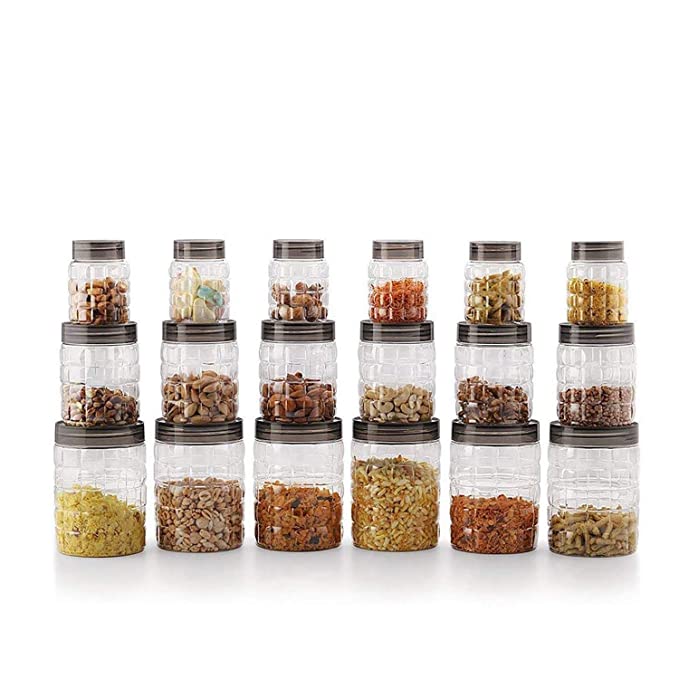 CELLO Checkers PET Canister Set of 18 (300ml x 6, 650ml x 6, 1200 x 6), Transparent| Food grade | Stackable | For Grains, Pulses, Spice, Cereals, Cookies, Dry Fruits | Fridge Storage Container