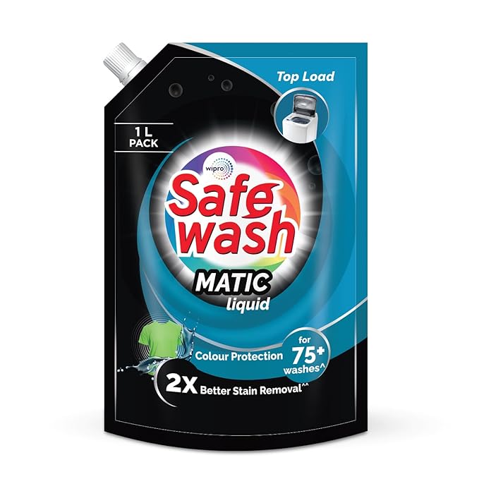 Safewash Top Load Matic Premium Liquid Detergent 1L Refill Pouch with Colour-Protect Technology | 2x Stain Removal | For All Types of Fabrics