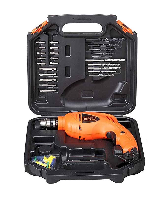 BLACK+DECKER HD400K50 550W 10mm Corded Non-Reversible Impact Drill Machine Kit for Home & DIY Use (50 Accessories Kitbox) for drilling Wood, Metal & Concrete, 1 Year Warranty, ORANGE & BLACK