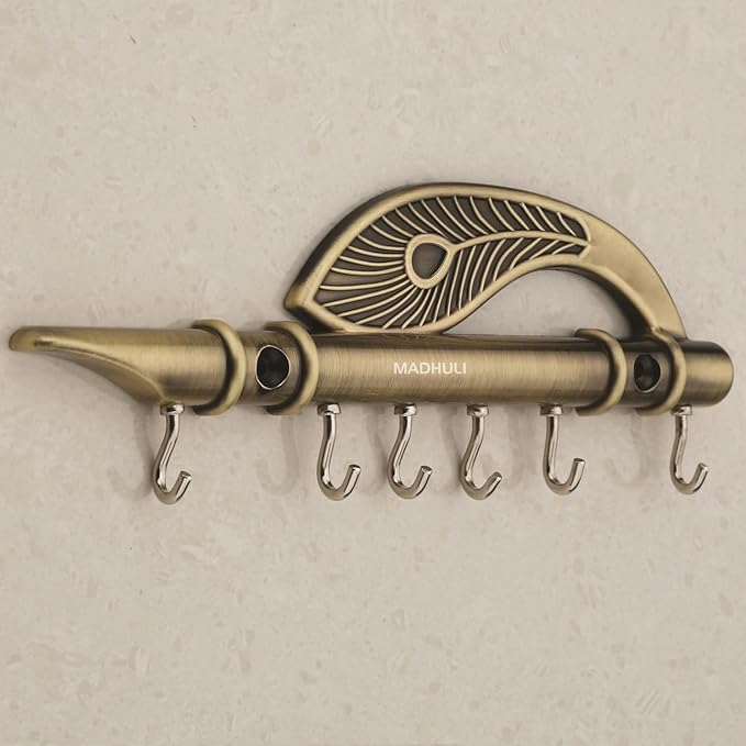 MADHULI Key Stand Key Holder Lord Krishna's Flute & Peacock Quills Key Stand Key Holder for Home & Office Antique Brass