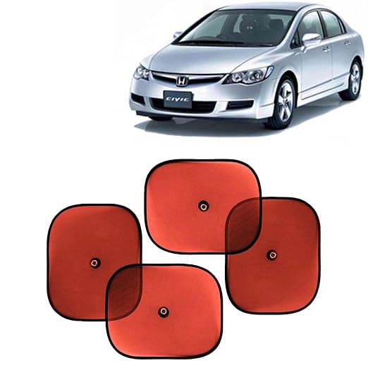 [Size: Compatible with Honda Civic (2006 - 2015)] - KINGSWAY Car Window Curtain Sticky Sun Shades Compatible with Honda Civic, (Year 2006-2015), Universal Fit Sunshades for Side Window, Rear Window, Red Color, 4 Pieces