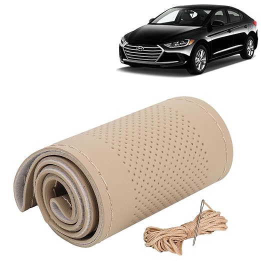 [Size: Elantra (2016-2019) Hyundai Compatible] - KINGSWAY® PU Leatherite Car Steering Cover Sewable Compatible with Hyundai Elantra (Year 2016-2019), Beige Color with Beige Thread, Pack of 1 with Sewing Needle and Thread