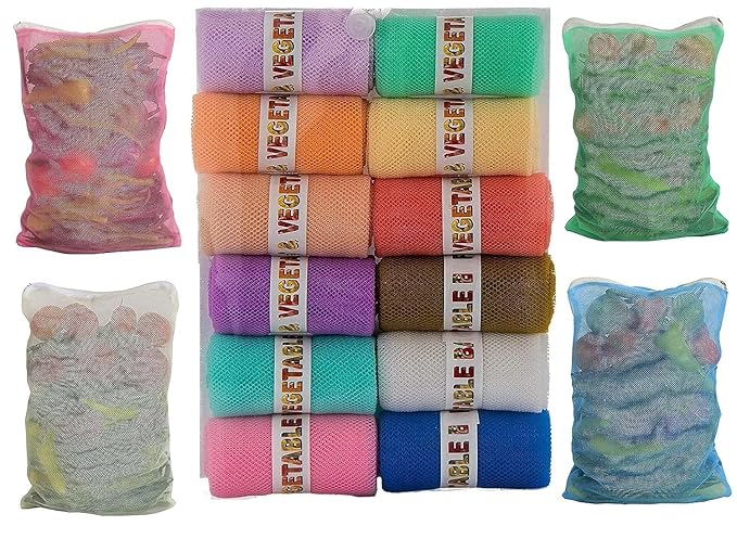 SIO Vegetable Storage Bag for Fridge Reusable Fridge Vegetable Bags mesh pouch with zipper Net Bags for Refrigerator Storage Produce & Sustainable Grocery for Vegetables and Fruits pack of 12