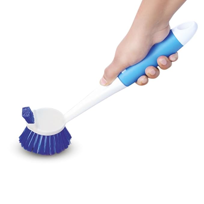 Cello Kleeno Dual Action Sink & Dish Brush, Blue & White | Flexible Bristles, Hanging Provision | Rubberised Handle & Tough Bristles for Stubborn Stains |Plastic Kitchen Sink Basin Wash Cleaning Brush