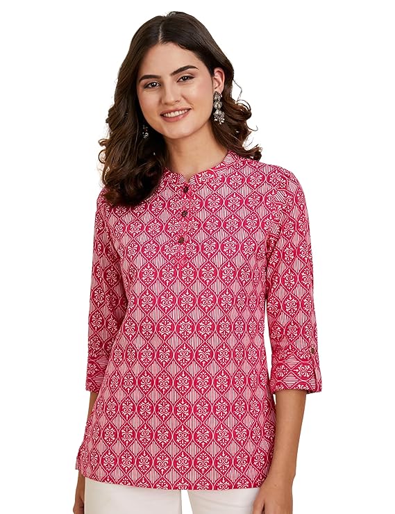 [Size: M] - Amazon Brand - Myx Women's Printed Regular Cotton Short Kurti | Available in Plus Size