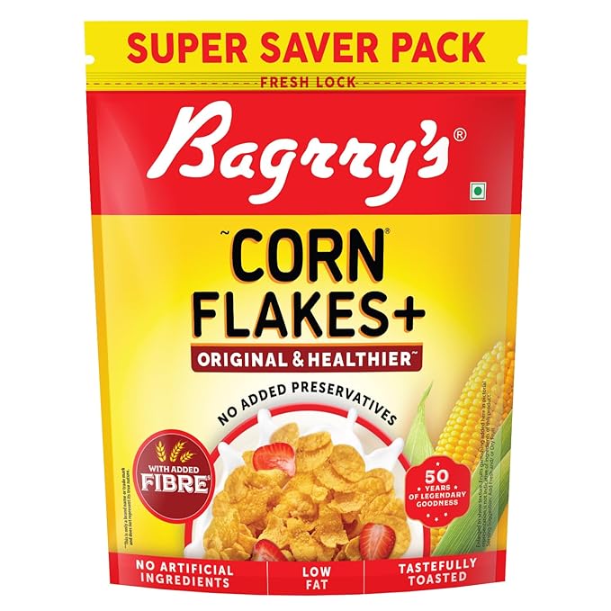 Bagrry's Corn Flakes+ Original & Healthier 800g | Added Fibre | Prebiotic Breakfast Cereal | Golden Corn | Low Fat | Toasted & Crunchy Corn Flakes | No Added Preservatives