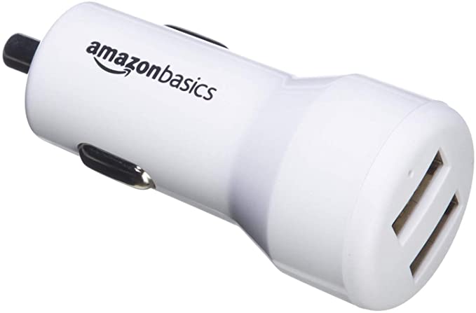 AmazonBasics 4.8 Amp/24W Dual USB Car Charger for Apple & Android Devices, White