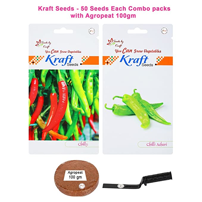 Kraft Seeds Chilli F1 Hybrid and Chilli Achari F1 Hybrid Combo Seeds with Khurpi and Agropeat
