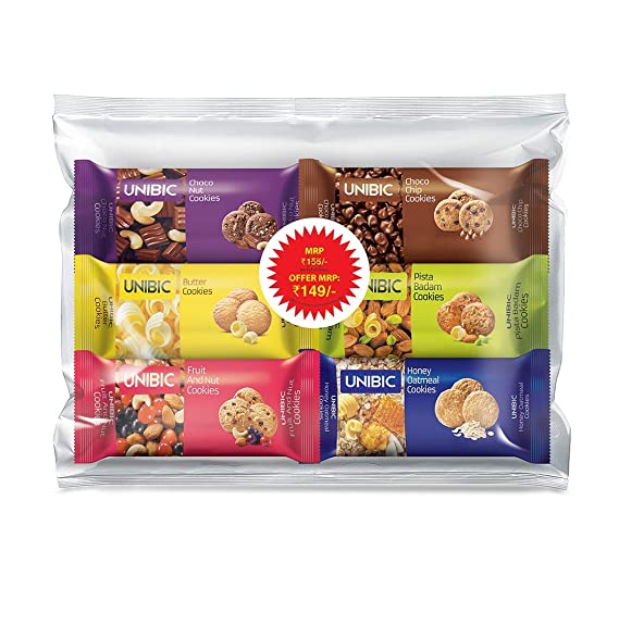 Unibic Assorted Cookies, 450g (Pack of 6 x 75 g), Mix and Match, Perfect Combination for Your Day, Daily Delicious Choice, Chocolate, Fruit and nut, Honey Oatmeal