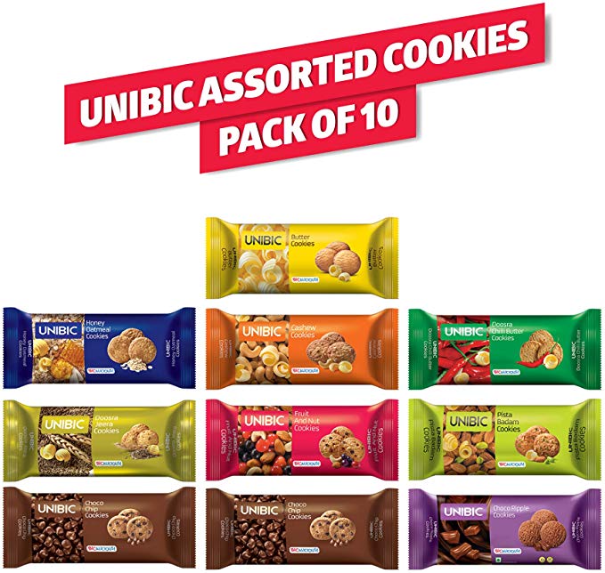 Unibic Assorted Cookies 75g (Pack of 10), Pista Badam, Multigrain, Honey Oatmeal, Choconut, Choco Chip, Fruit & Nut, Daily Digestive, Butter, Jeera and Cashew Cookies