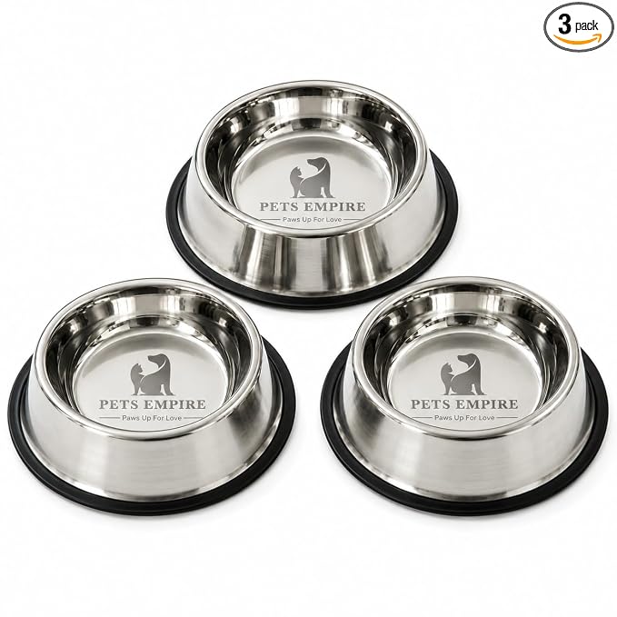 Pets Empire Dog & Cat Bowls Stainless Steel, Pack of 3, Anti-Skid Feeding Bowls for Food & Water, Heavy Duty Metal Pet Bowl, Rust Proof, Dishwasher Safe for Puppies, Cats & Dogs (3, 200, Milliliters)