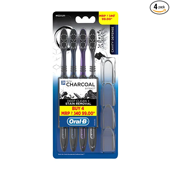 Oral B Cavity Defense 123 Black Manual Toothbrush for adults with charcoal extract- Medium (Pack of 4)