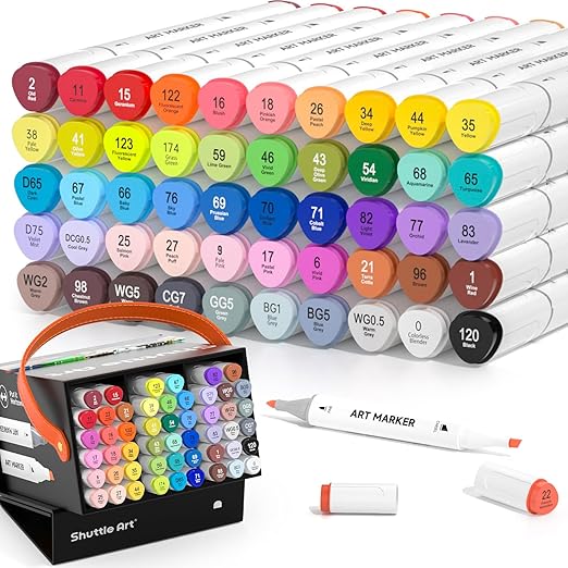 SHUTTLE ART 50 Colors Dual Tip Art Markers,Permanent Marker Pens Highlighters with Case Perfect for Illustration Adult Coloring Sketching and Card Making