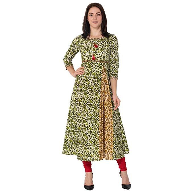 Gulmohar Jaipur Women's Cotton A-line Kurti (Green)