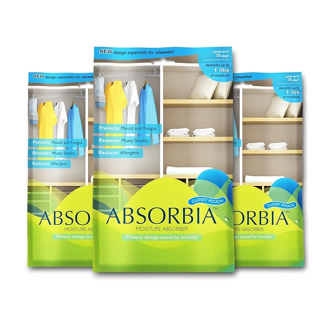 Absorbia Moisture Absorber Hanging Pouch | Pack of 3 | 440ml each & Lasts 75 Days Each| Moisture Absorber for Wardrobe | Dehumidifier for Room Moisture | Air Freshener for Room, Toilet | Moisture Absorbers