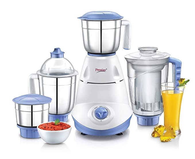 Prestige Iris 750 Watt Mixer Grinder with 3 Stainless Steel Jar + 1 Juicer Jar (White and Blue)