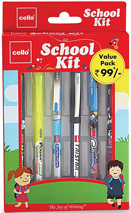 Cello School Kit Pen Set (Pack of 6 items) | Combo Stationery pack with Ball Pens - Blue, Gel Pens - Blue, Roller Pen - Blue, Mechanical Pencil, Marker and Highlighter for students | School Stationery Set