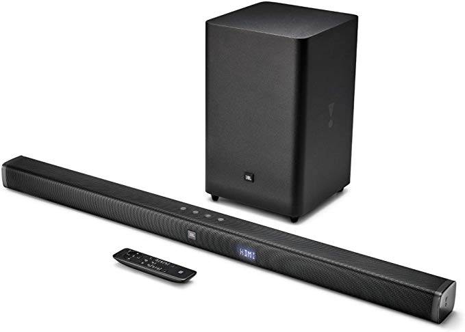 JBL Bar 2.1 Soundbar with Wireless Subwoofer (300 Watts, 4 Woofers, Dolby Digital, Surround Sound)