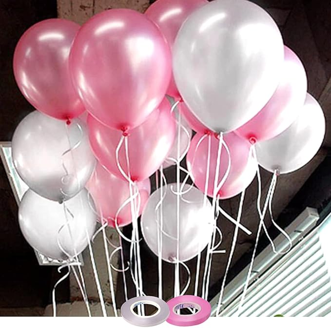 AMFIN® (Pack of 50) 10 Inch Pink & Silver Metallic Balloons with Matching Ribbon for Decoration, Balloon for Birthday Decor, Anniversary, Party, Baby Shower, Home Decor - Pink and Silver
