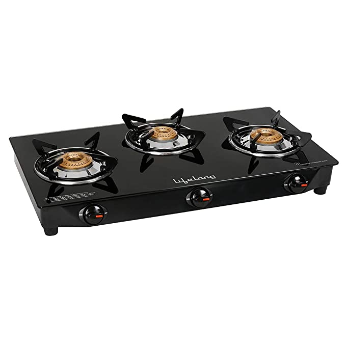 Lifelong LLGS18 Glass Top 3 Burner Gas Stove, Manual Ignition, LPG Compatible, Black (ISI Certified, Door Step Service, 1 Year Warranty)