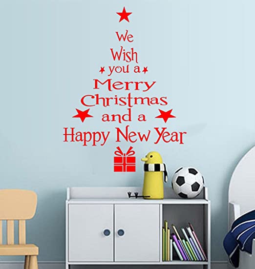 Decals Design 'Happy Christmas and Happy New Year Quote' Wall Sticker (PVC Vinyl, 60 cm x 45 cm, Red)