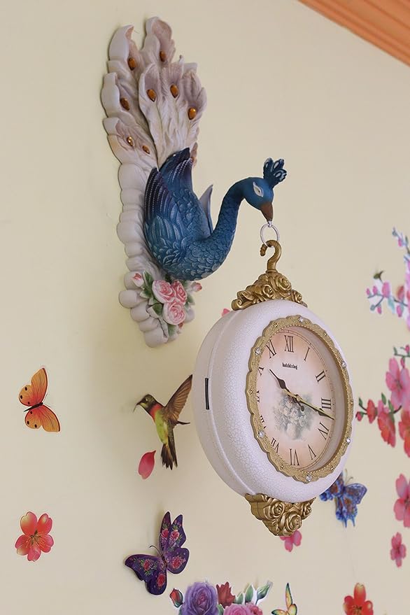 FunkyTradition Plastic Dual-sided Hanging Peacock Wall Clock (Green White Pink_9 Inch X 9.8 Inch X 29.5 Inch)
