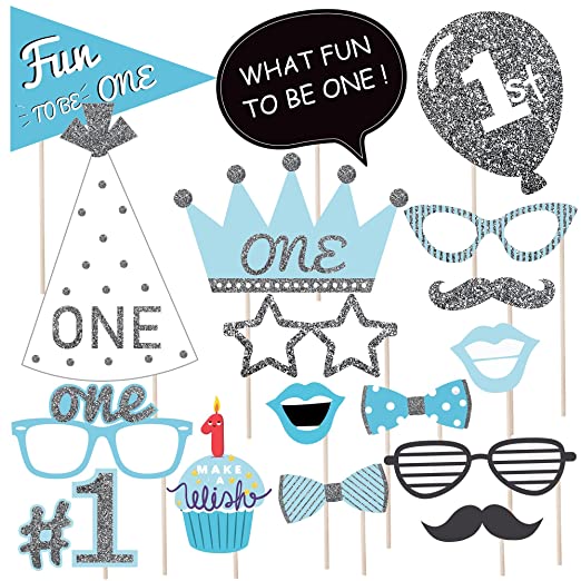 Wobbox First Birthday Celebration Photo Booth Props for Birthday Party, Glitter Blue