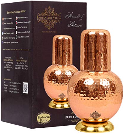 Indian Art Villa Hammered Surai Design Bedroom Water Copper Bottle with Inbuilt Glass, 750 ml (Brown)