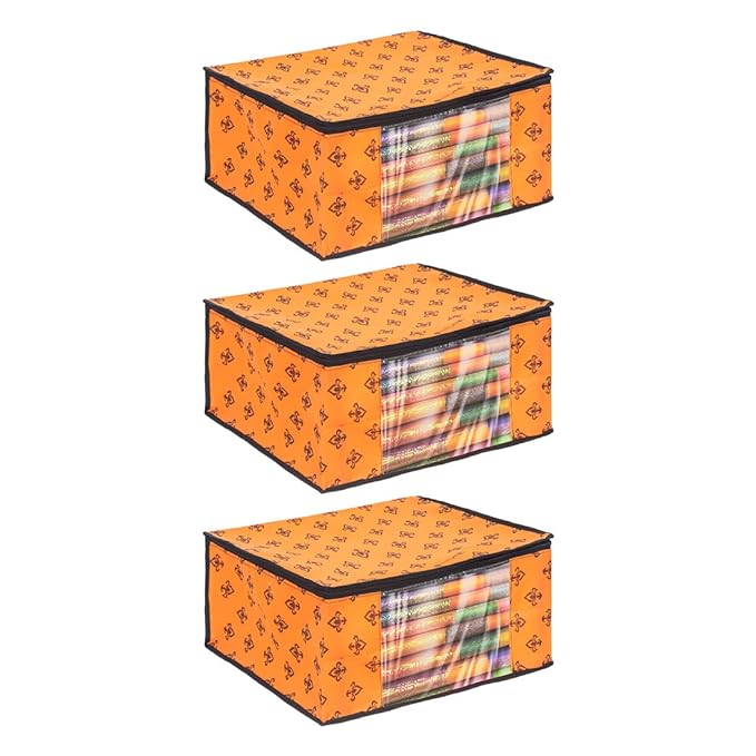 PrettyKrafts Set of 3 Non-Woven Printed Foldable Saree Covers/Wardrobe Organizer With Transparent Window And Zip/Clothes Storage Bag For Women's Lehenga, Suit Saree & Other Accessories (Orange)