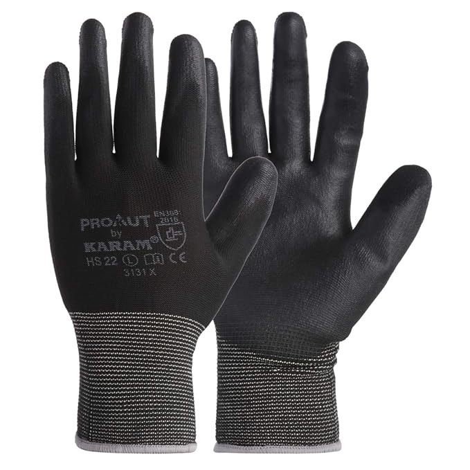Karam ProKut Multi Purpose Black Polyester with Black PU Coating Safety Glove | Safety Gloves for Mechanical Risk | HS22 | Size-Large