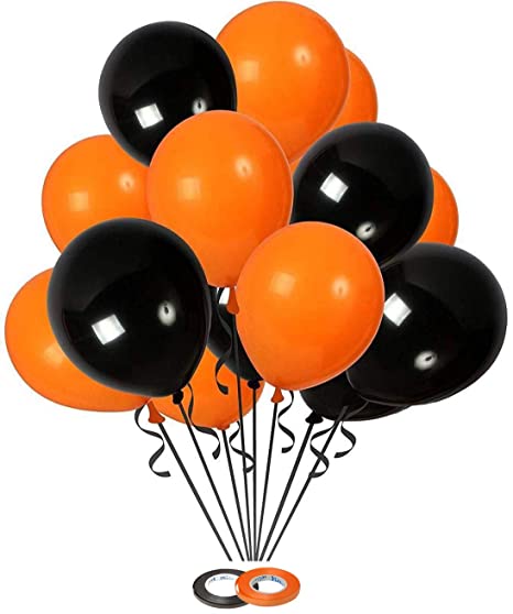 AMFIN® 10 Inch (Pack of 50) Metallic Balloons Orange & Black with 20m Curling Ribbon for Birthday Decoration, Decoration for Weddings, Engagement, Baby Shower, 1st Birthday, Anniversary Party, Theme Party, Office Party