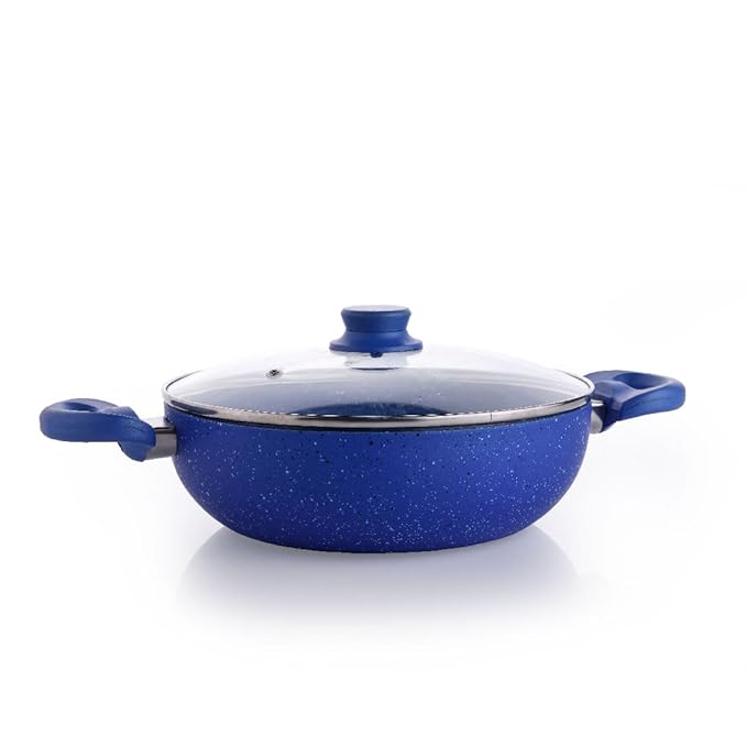 Crystal Marbo Plus Induction Bottom Nonstick kadai | Glass Lid | 225 mm | Thickness: 3mm | 5 Layer Coating | Metal Spoon Friendly | Blue