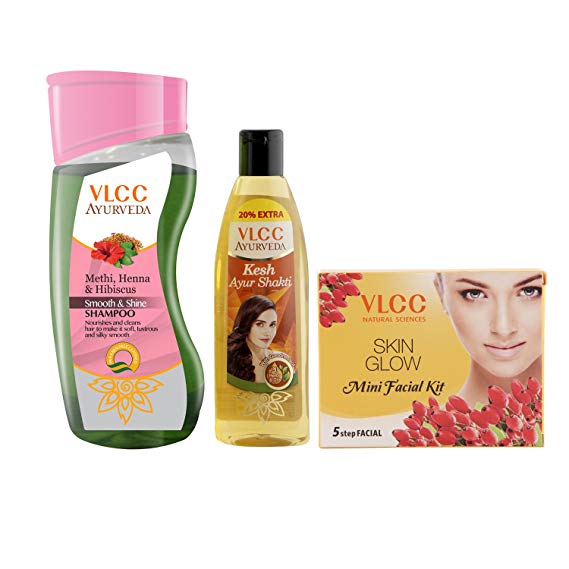 Vlcc Ayurveda Silky Shine Shampoo, Ayurveda Hair Oil And Facial Kit For Women (Combo Of 3)