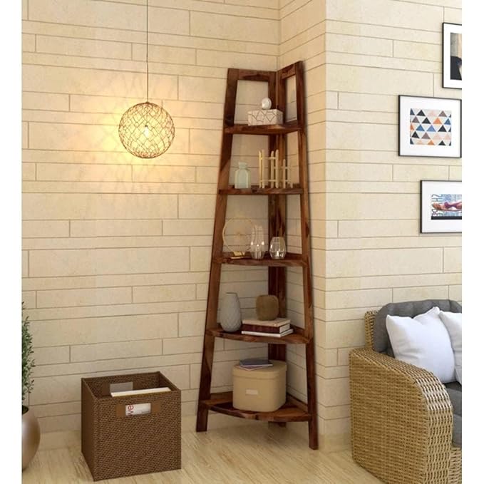 Custom Decor Jai Salasar Handicraft Custom Decor Edison Solidwood House Corner Wall Rack Shelf Heavy Duty Set of 5 Tier Shelf - Honey Teak Brown
