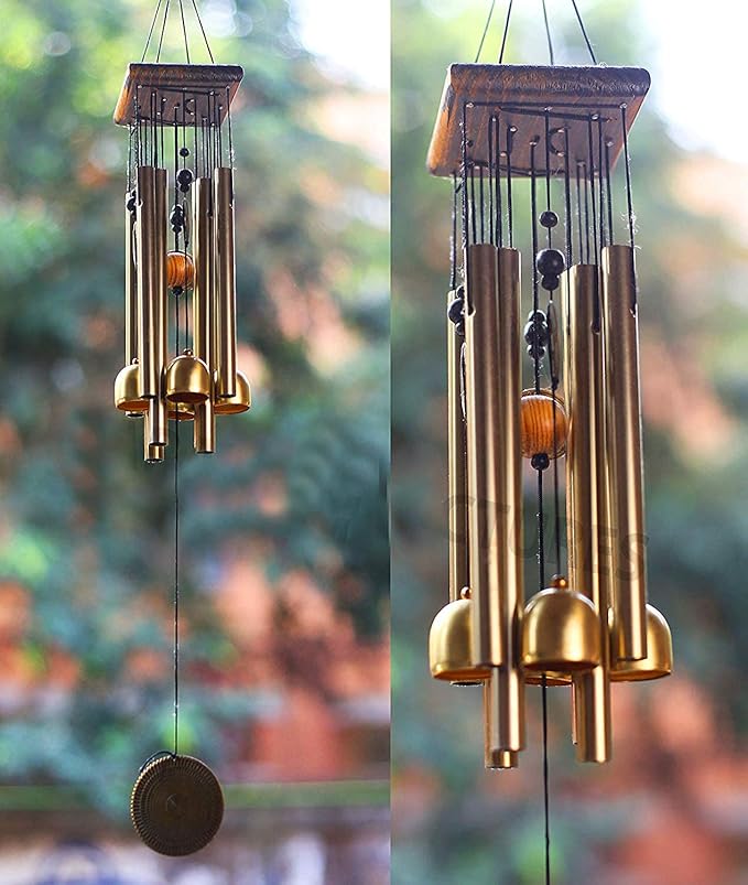 [Apply Coupon] - Paradigm Pictures Home Decoration Items Wind Chimes for Home (Golden,Pipe & Hanging Bells)