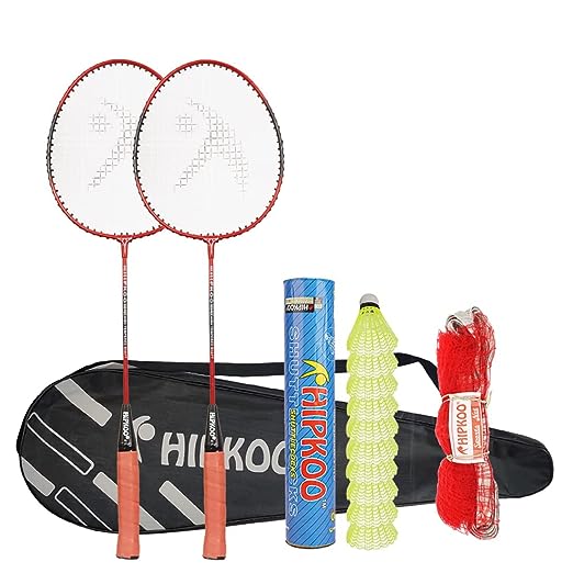 Hipkoo Sports Aluminum Full Badminton Kit |2 Wide Body Shuttle Bat with Cover,10 Nylon Shuttles and Net|Ideal for Professional & Beginner Players -Red