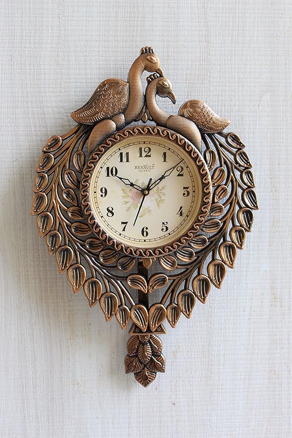 FunkyTradition Royal Brown Beautiful Peacock Pendulum Wall Clock, Wall Watch, Wall Decor for Home Office Decor and Gifts 42 cm Tall