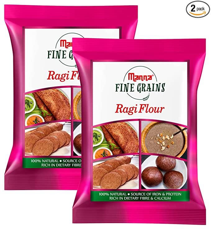 Manna Ragi Flour, 2kg (1kg x 2 Packs) | 100% Natural | Finger Millet Flour | Nachni Atta | Kelvaragu Flour | Rich in Calcium & Protein