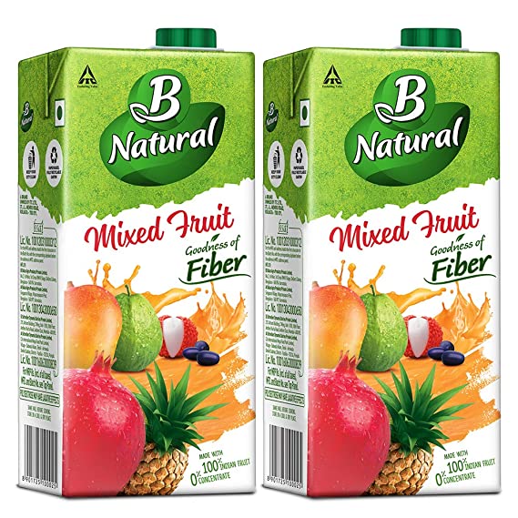B Natural Mixed Fruit, Goodness of fiber, Rich in Vitamin C & E, Made with 100% Indian Fruit and 0% Concentrate, 1 litre (Pack of 2)